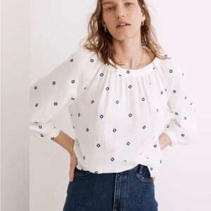 Madewell White Cotton Blue Diamond Embroidered Blouse Button Back Medium M